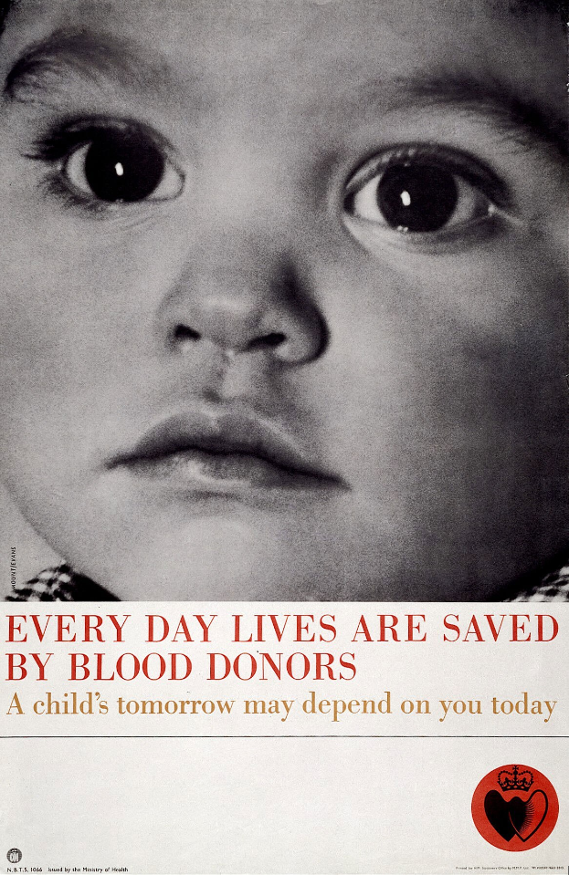 Plakat mit ernstem Kindergesicht, umgeben von fettgedrucktem Text: "Jeden Tag rettet Blutspenden Leben."
