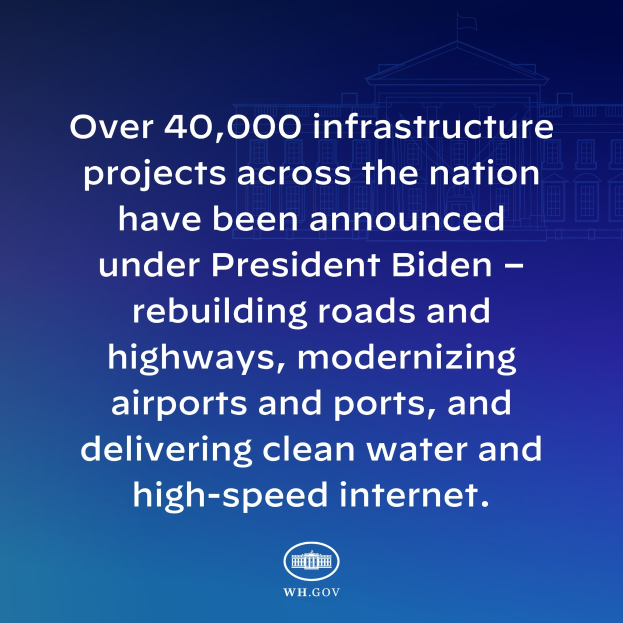 Blauer Hintergrund mit weißer Schrift, die besagt: "Über 40.000 Infrastrukturprojekte wurden bundesweit unter Präsident Biden angekündigt" in der Mitte des Bildes, mit einem Logo unten.
