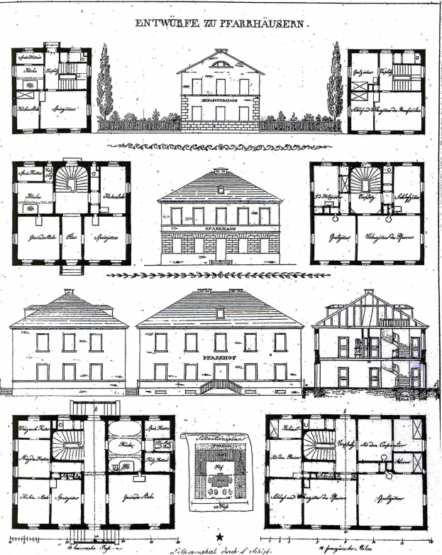 Schwarz-weißes Architekturzeichnung eines Hauses mit zahlreichen Fenstern, umgeben von Bäumen, beschriftet mit "Pläne für ein Haus in Deutschland".