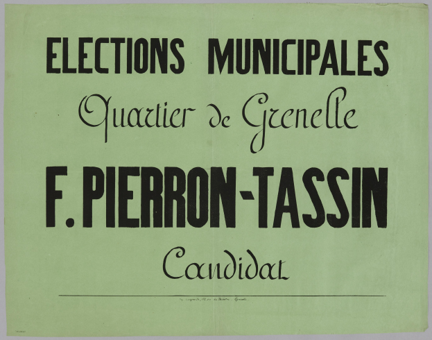 Grüne Wahlplakat mit weißer Schrift, die "Élections Municipales Quartier de Grenelle F. Pierron-Tassin Candidat" lautet, vor einem weißen Hintergrund.
