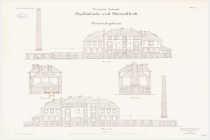 Eine Zeichnung eines Gebäudes mit vielen Fenstern und einem Schornstein, das mutmaßlich ein Psychiatrie-Krankenhaus in Deutschland ist, mit zusätzlichem Text auf dem Papier.