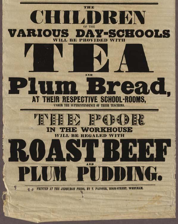 Ein Blatt mit der Aufschrift "Die Kinder der verschiedenen Tagesschulen erhalten Tee, Pflaumenbrot und Rinderbraten sowie Pflaumenpudding."