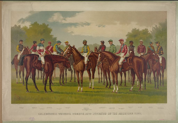 Gruppe von Menschen auf Pferden auf einer grünen Wiese mit Bäumen und blauem Himmel, Text unten lautet "Feier der Siegerpferde und Jockeys des amerikanischen Turf"