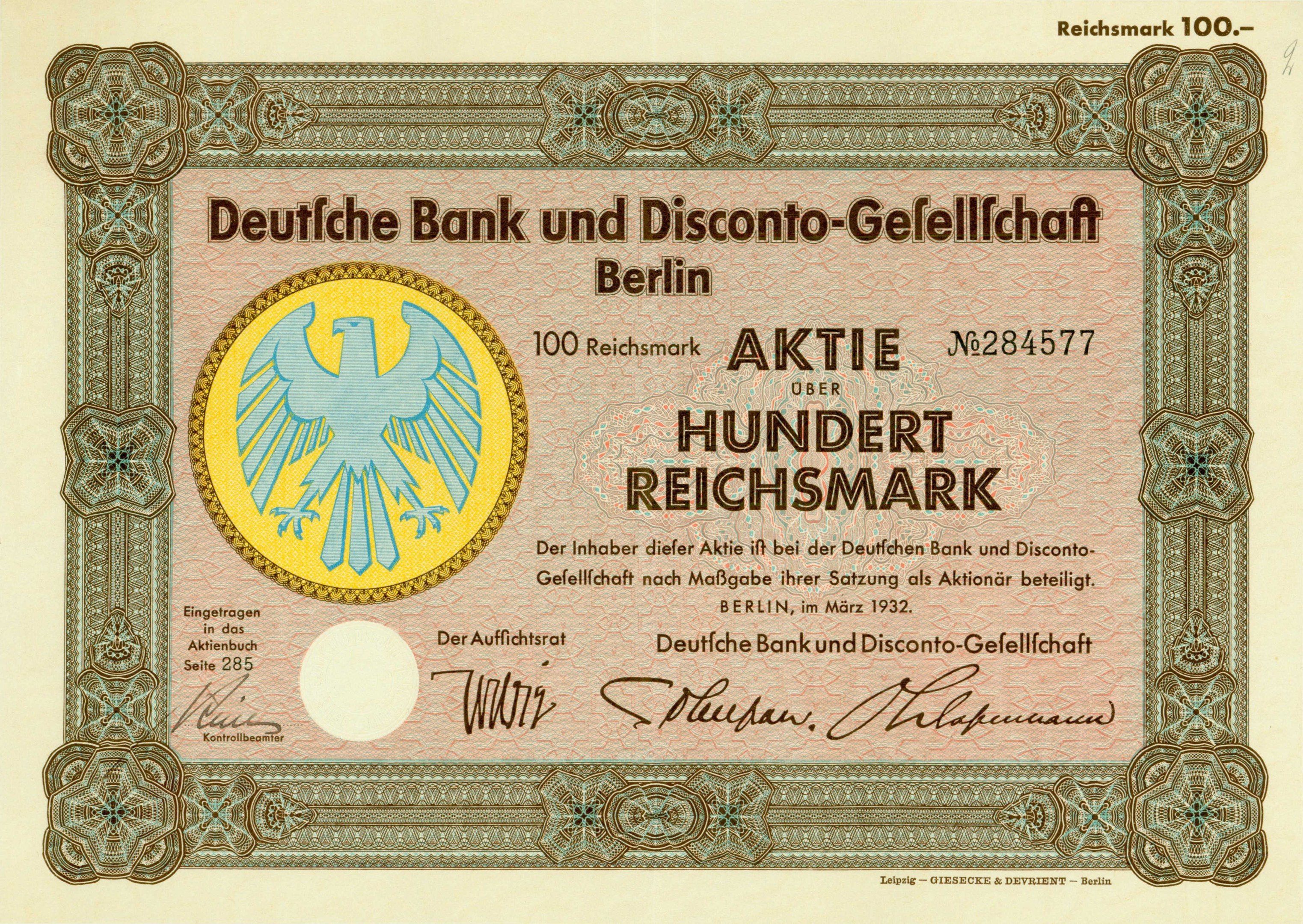 Alte deutsche Banknote mit einer Vogeldarstellung und der Aufschrift "Deutsche Bank und Disconto-Gesellschaf Berlin".