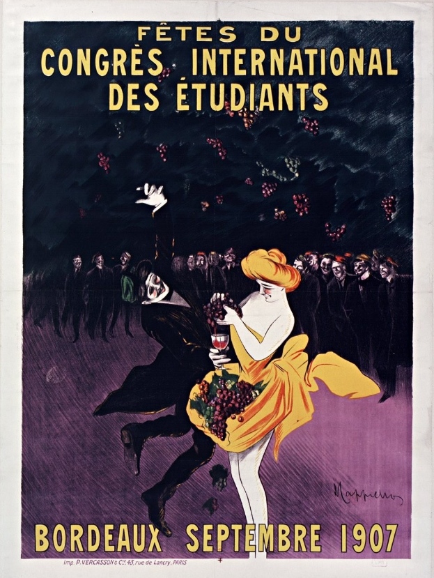Plakat aus dem Jahr 1907 für eine Weinprobe in Bordeaux, Frankreich, mit einer Frau in gelbem Kleid, die ein Weinglas hält, umgeben von einer Gruppe von Menschen.