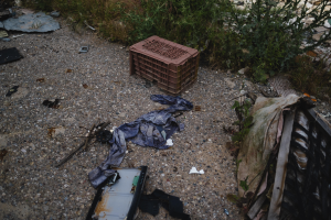 Ein Haufen Müll, einschließlich einer Plastikbox und Kleidung, liegt neben einem Zaun auf dem Boden in einer Müllhalde, mit Pflanzen und Gras im Hintergrund.
