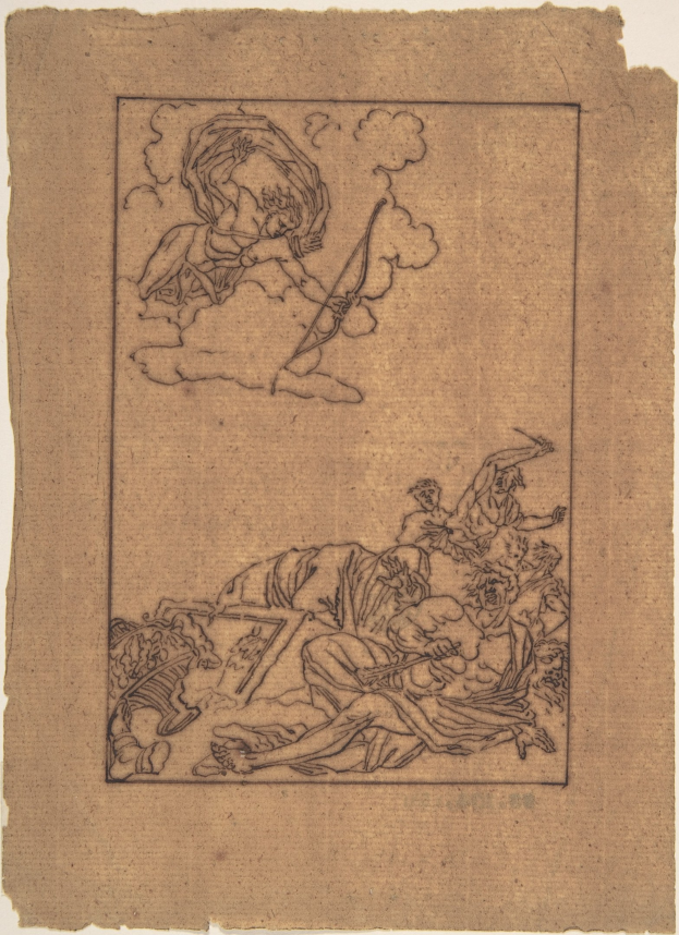 Eine traurige Zeichnung auf Papier zeigt einen verzweifelten Mann, der auf dem Boden liegt und ein Schwert in der Hand hält, umgeben von ängstlichen und mitfühlenden Zuschauern in gedämpften Farben.