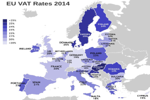 Eine Karte von Europa, die die EU-Mehrwertsteuersätze von 2014 in Prozent mit entsprechenden Texten anzeigt.