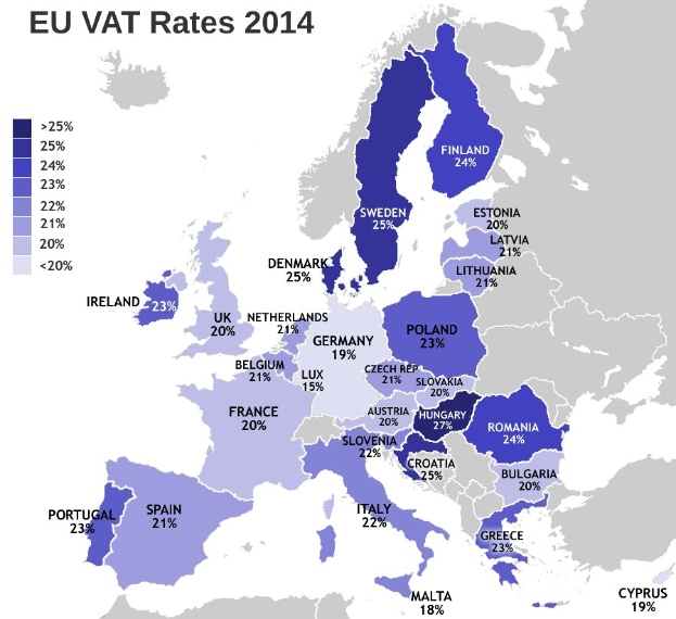 Eine Karte von Europa, die die EU-Mehrwertsteuersätze von 2014 in Prozent mit entsprechenden Texten anzeigt.