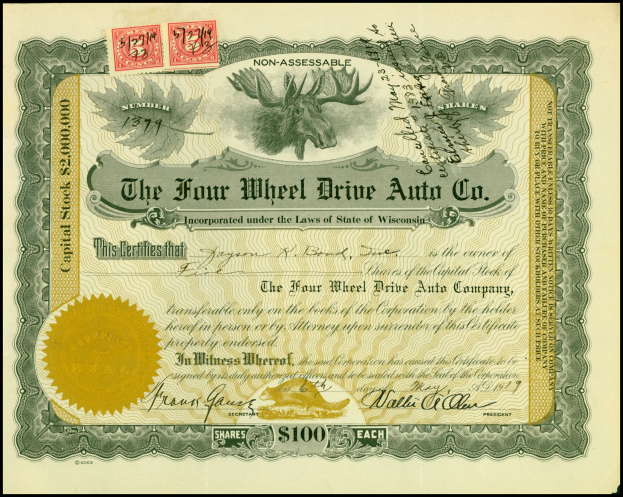 Rahmung eines Vierradantrieb-Auto-Aktienzertifikats mit goldenem Siegel, Text 'Vierradantrieb Auto Co.', numerischem Aktienwert und mehrfarbigen Stempeln.