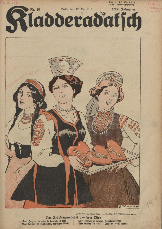Ein altes Buchcover mit drei Frauen in traditioneller bayrischer Tracht, wobei eine ein Tablett mit einem herzförmigen Objekt hält, betitelt mit "Riaderadatich, September 1918".
