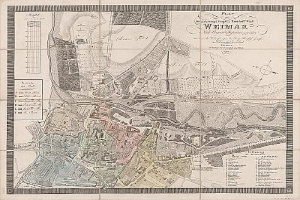 Detailierte alte Karte von Weimar, Deutschland, mit Straßen, Gebäuden und Sehenswürdigkeiten sowie zusätzlichem Text über die Stadt.