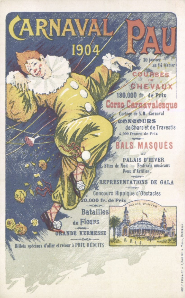 Ein altes Buch mit einem Cover, das einen Clown in einem bunten Kostüm und einem verschmitzten Gesichtsausdruck zeigt, mit der Aufschrift "Carnaval Pau 1904".