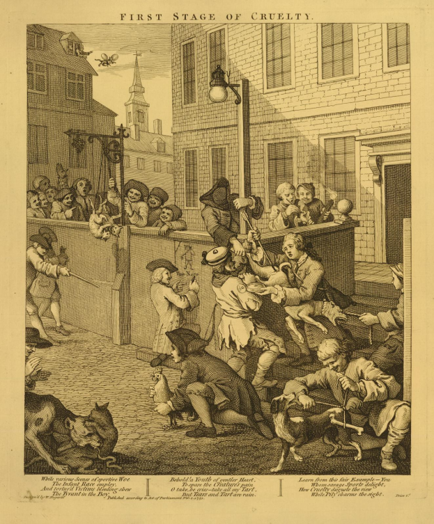 Ein handgezeichnetes Papier, das eine Gruppe von Menschen und Tieren vor einem Gebäude mit Fenstern und einem Laternenmast zeigt, mit der Aufschrift "Erste Stufe der Grausamkeit" unten.