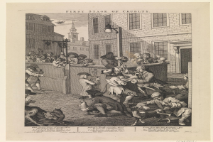 Gruppe von Menschen und Tieren versammelt um ein Gebäude mit Fenstern und einer Laterne, mit Text 'Erste Stufe der Grausamkeit' unten.