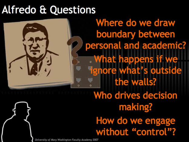 Ein Plakat mit einem Bild von Alfredo und Text, der Fragen zur Abgrenzung, Entscheidungsfindung und Einbeziehung stellt.