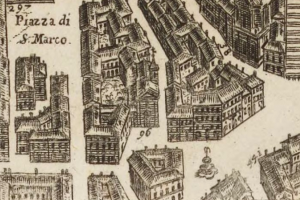Ein detailliertes Stadtplan-Diagramm mit verschiedenen einzigartig gestalteten Gebäuden, begleitet von handgeschriebenen Notizen auf dem Papier.