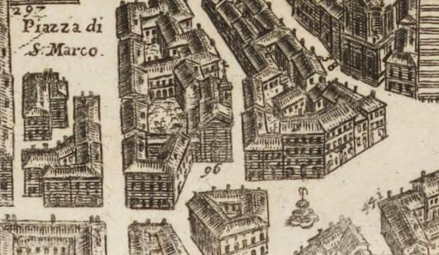 Ein detailliertes Stadtplan-Diagramm mit verschiedenen einzigartig gestalteten Gebäuden, begleitet von handgeschriebenen Notizen auf dem Papier.