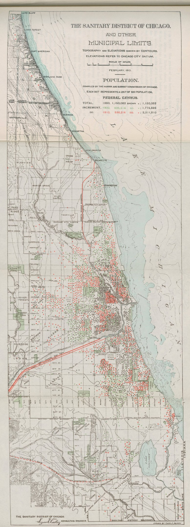 Schwarz-weiß-Karte des Sanitärbezirks von Chicago, die städtische Grenzen und Text anzeigt.