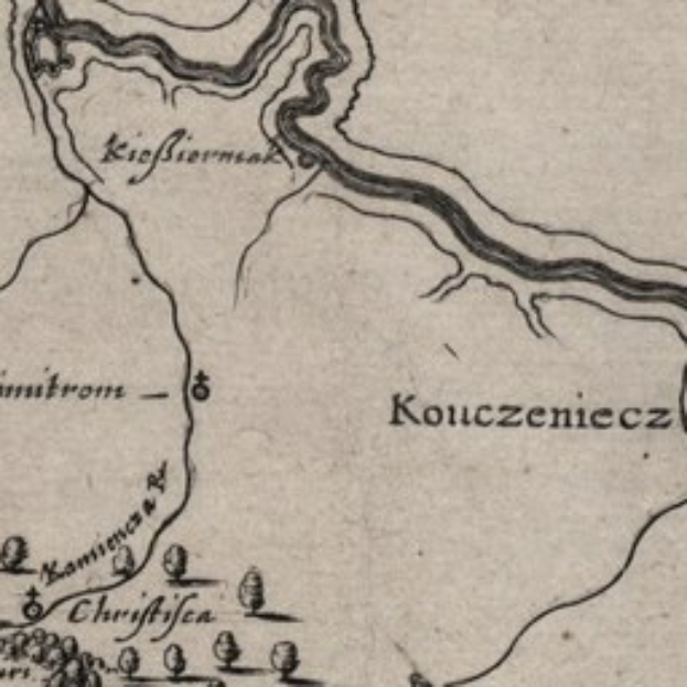 Ausführliche alte Karte von Koczeniecz, Polen, die Straßen, Gebäude und Sehenswürdigkeiten zeigt, mit Text, der Bevölkerung, Lage und historische Informationen bereitstellt.