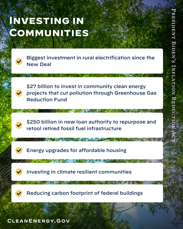 Plakat mit Bäumen und Himmel als Hintergrund, auf dem der Text 'Investing in Communities: Größte Investition in ländliche Elektrizität seit dem New Deal' steht.