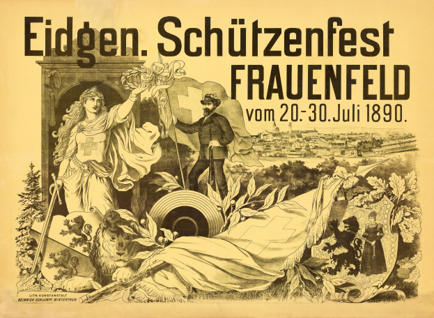 Ein Vintage-Plakat bewirbt das Eidgen Schützenfest in Frauenfeld, Deutschland, mit einem Mann im Anzug und einer Frau in einem Kleid, die nebeneinander stehen, und Details des Ereignisses darauf.