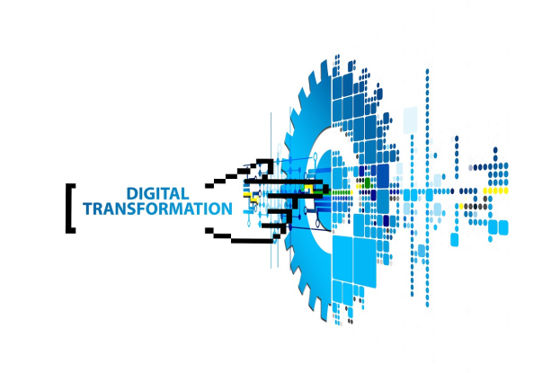 Digitalisierung-Logo mit "Digitalisierung" in der Mitte auf einem weißen Hintergrund, bestehend aus blauen, schwarzen und gelben Punkten.