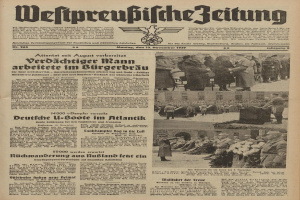 Schwarze und weiße Titelseite einer deutschen Zeitung vom 13. November 1939 mit der Überschrift "Weitpreubliche Zeitung" und einer Gruppe von Menschen in traditioneller deutscher Kleidung beim Feiern.