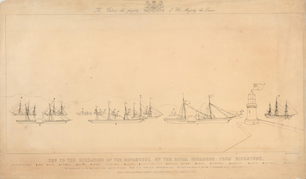 Eine Zeichnung von mehreren Schiffen auf dem Wasser mit einem Leuchtturm im Hintergrund, begleitet von handgeschriebenem Text auf demselben Papier.