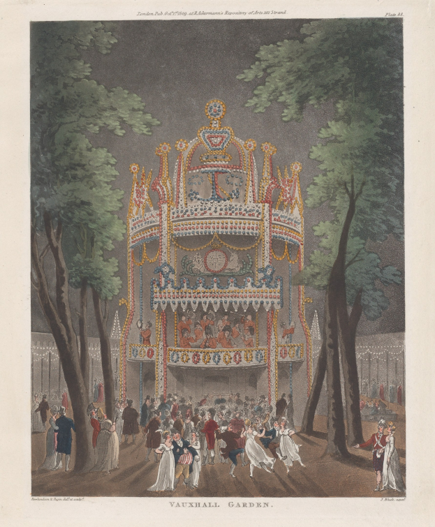 Gemälde einer Karussellbahn in Vauxhall Gardens, London, umgeben von Bäumen und Menschen, mit der Inschrift "Vauxhall Gardens, London, 1775" unten.