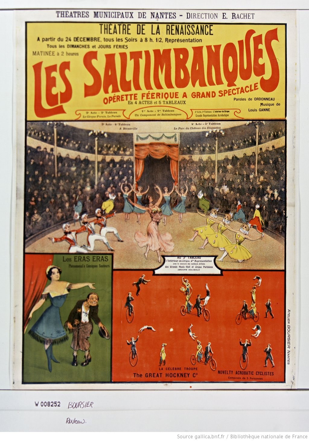 Buntes Plakat für das Musical "Les Saltimbanques" am Theatre de la Renaissance mit einer Zirkusszene-Illustration, fetter Titeltext, einer Leistungsbeschreibung und einer Liste der Namen der Darsteller.