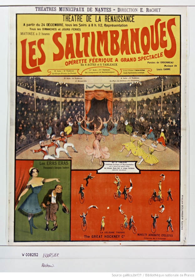 Buntes Plakat für das Musical "Les Saltimbanques" am Theatre de la Renaissance mit einer Zirkusszene-Illustration, fetter Titeltext, einer Leistungsbeschreibung und einer Liste der Namen der Darsteller.