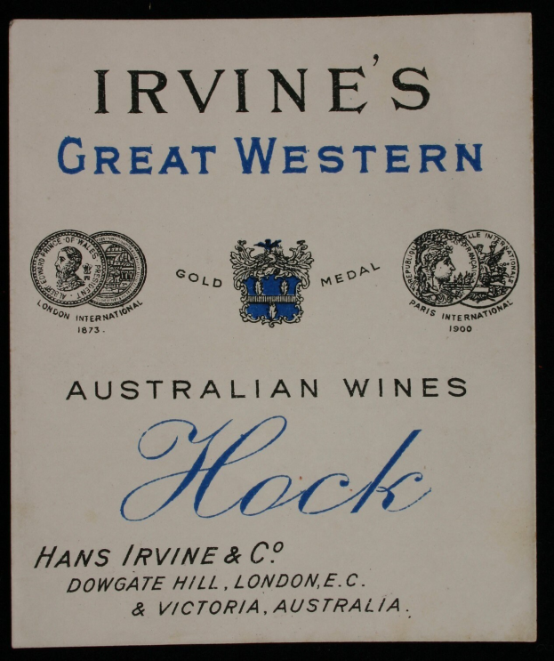 Plakatwerbung für Irvine's Große Western Australian Wines, das das Firmenlogo und -text enthält.