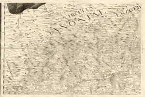 Ein detaillierter alter Stadtplan von Sachsen, Deutschland, der geografische Merkmale wie Flüsse, Berge und Städte zeigt, mit begleitendem Text, der zusätzliche Informationen über die Region und ihre Bewohner bereitstellt.