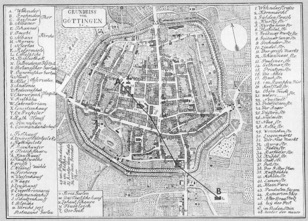 Eine Schwarz-Weiß-Detailkarte von Göttingen, Deutschland, die Straßen, Gebäude und Sehenswürdigkeiten mit Textanmerkungen zeigt.