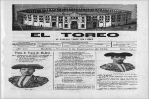 Eine alte Zeitung mit einem zentralen Bild eines Stierkampfs in einer Arena, umgeben von kleineren Bildern von Menschen in traditioneller Stierkampfbekleidung und Text.