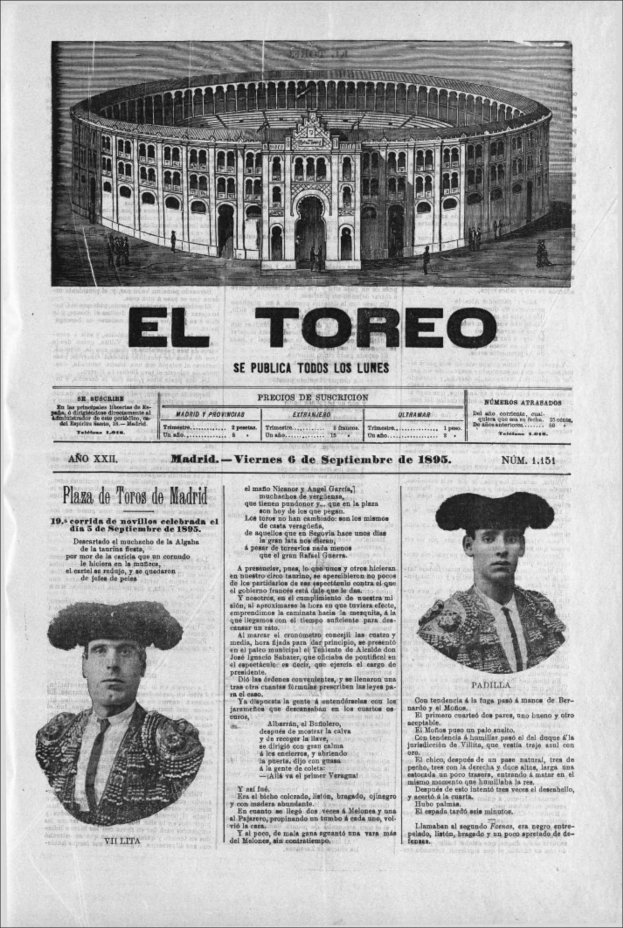 Eine alte Zeitung mit einem zentralen Bild eines Stierkampfs in einer Arena, umgeben von kleineren Bildern von Menschen in traditioneller Stierkampfbekleidung und Text.