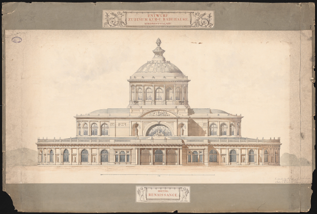 Ein detailliertes Bild des Eingangs zum Zuenem Kur-Badenhausen in Dresden, Deutschland, zeigt ein großes Gebäude mit einer prominenten Kuppel auf einem schwarzen Hintergrund und Text auf dem Papier.