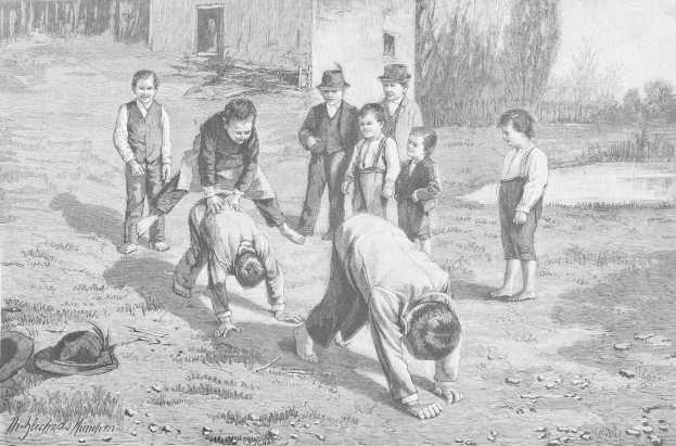 Schwarz-weißes Bild von Kindern in einem Feld, mit zwei Jungen, die in der Mitte kämpfen, während die anderen zusehen, ein Hut und Text auf der linken Seite.