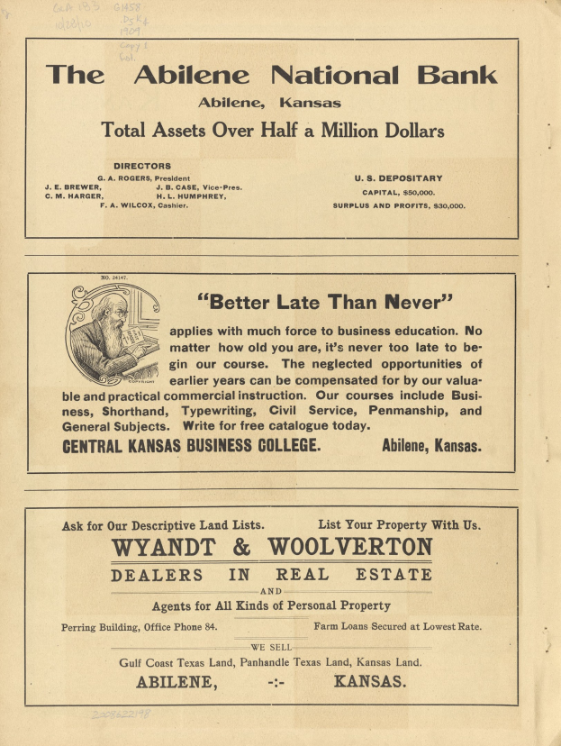 Schwarze und weiße Zeitungsanzeige für die Abilene National Bank mit einem zentralen Porträt und Text, der die Dienstleistungen der Bank beschreibt.