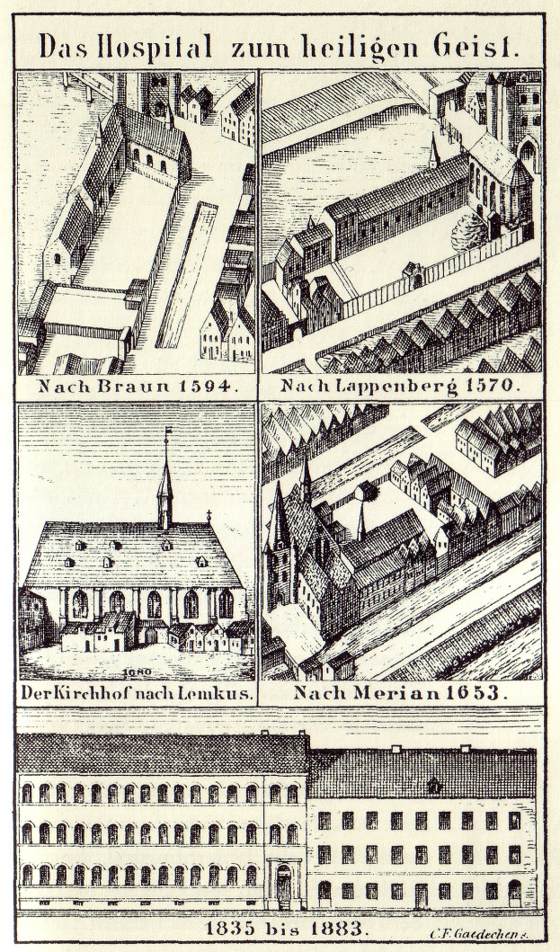 Eine detaillierte Plakatillustration eines deutschen Krankenhauses mit Gebäuden, die Fenster, Türen und Balkone aufweisen, begleitet von Text, der seine Größe, Lage und Merkmale beschreibt.
