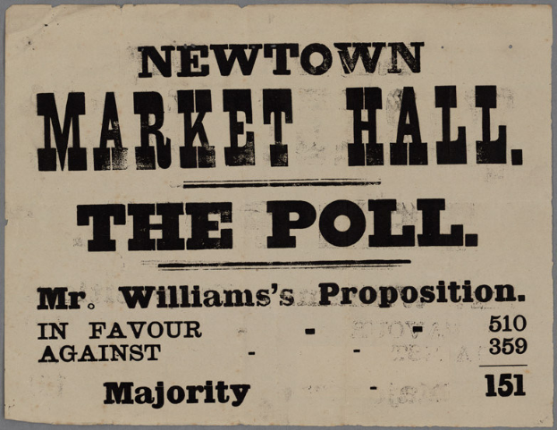 Ein Blatt Papier mit der Aufschrift "Newtown Market Hall, die Wahl, Mr. Williams' Proposition für gegen Mehrheit"