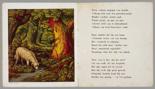 Offenes Buch mit einer Illustration eines Schafs, das in einem bewaldeten Gebiet grast, neben dem beschrifteten Text "Die Geschichte des Schafs".