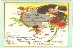 Eine vintage Valentinstagskarte mit einer Frau in einem weißen Kleid, die Rosen hält und von zwei Cherubim in rot und pink flankiert wird, mit der Aufschrift "Valentinstag" in Schreibschrift.