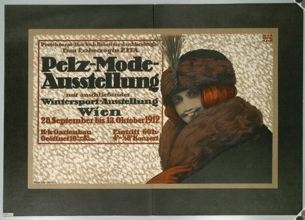 Ein Plakat, das ein Wintersportevent in Wien, Österreich, bewirbt und eine lachende Frau in einem Pelzmantel und Hut zeigt, mit Event-Text.