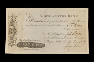 Ein alter Banknote von Northampton mit einem Porträt eines Mannes und gedrucktem Text, der Informationen über die Bank enthält.