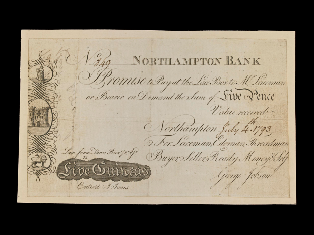 Ein alter Banknote von Northampton mit einem Porträt eines Mannes und gedrucktem Text, der Informationen über die Bank enthält.