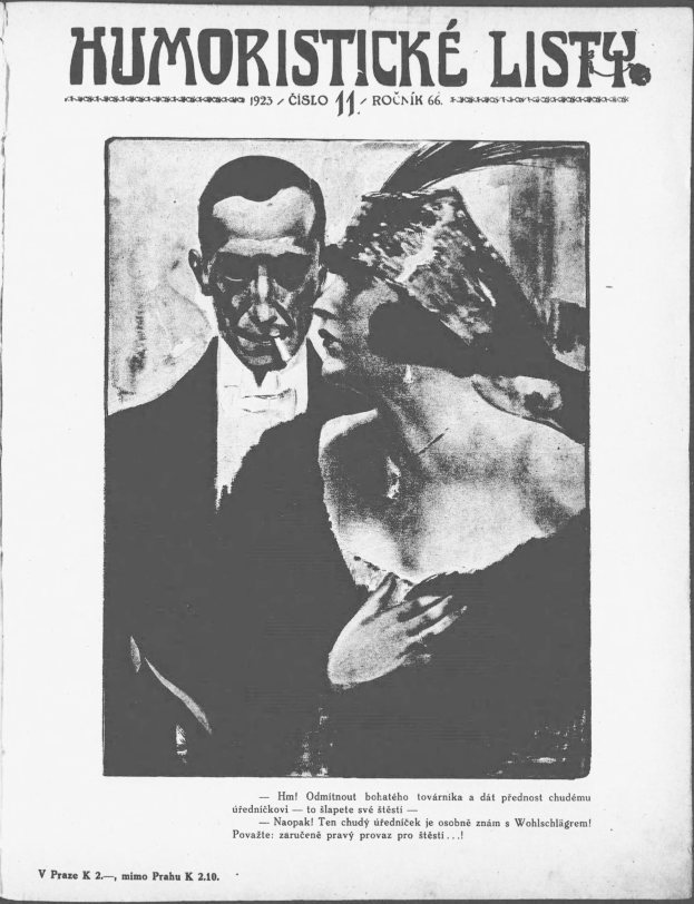 Schwarz-weißes Magazin-Cover mit der Überschrift 'Humoristische Liste', das einen Mann in einem Anzug mit ernster Miene und eine Frau zeigt, die mit einem leichten Grinsen wegsieht.