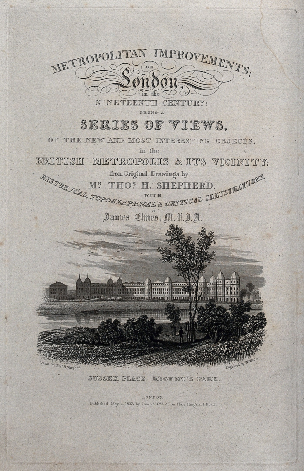Altes Buchcover mit einer detaillierten Illustration einer Stadtlandschaft, einschließlich grüner Bäume und hoher Gebäude, mit klassischem Text.