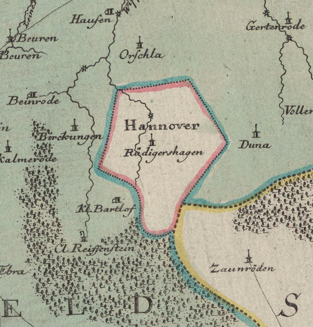 Ein detailliertes altes Stadtplan von Hannover, Deutschland, der Städte, Ortschaften, geografische Merkmale und Text mit Informationen über die Bevölkerung, Straßen und Sehenswürdigkeiten zeigt.